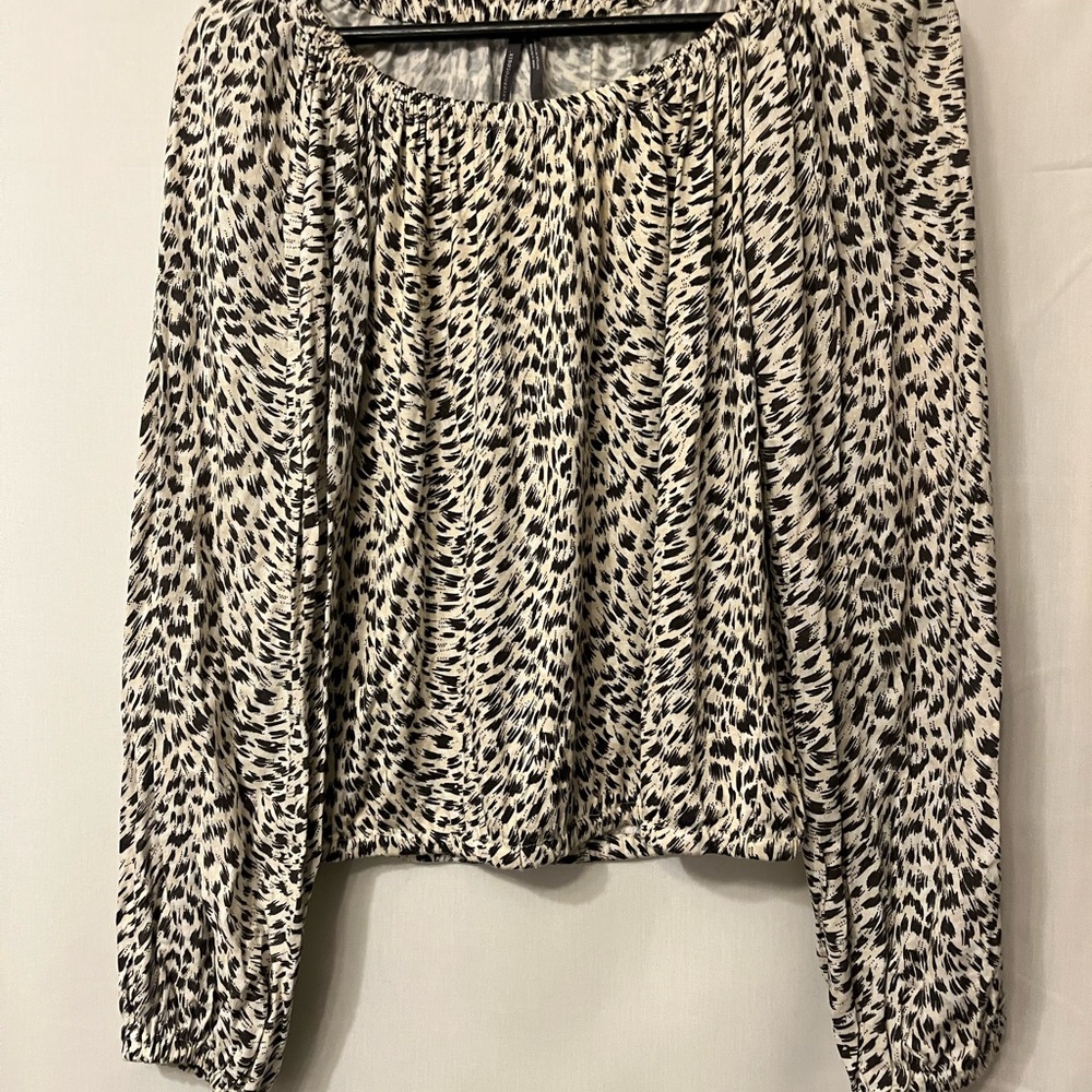 Anthropologie Cream and Black Abstract Print Long-Sleeve Blouse